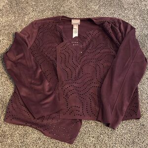 Chico's Plum Openwork Long-Sleeve Suede Cardigan